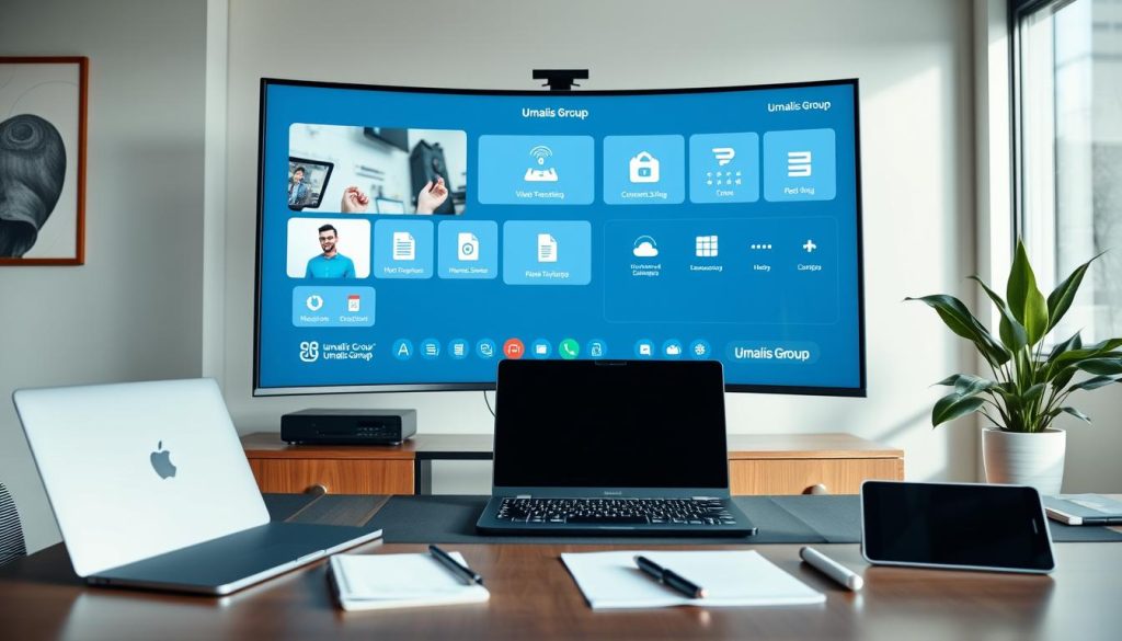 Detailed digital collaboration tools in a modern, sleek workspace. A well-lit office setting with a large, curved monitor showcasing various remote work applications and platforms, including video conferencing, document sharing, and cloud-based collaboration tools. Umalis Group branding is subtly integrated into the design. In the foreground, an ergonomic desk setup with a stylish laptop, wireless mouse, and keyboard. The middle ground features a mix of analog and digital elements, such as a notepad, pens, and a tablet. The background showcases minimalist decor, including a potted plant and abstract artwork, creating a calming, professional atmosphere.
