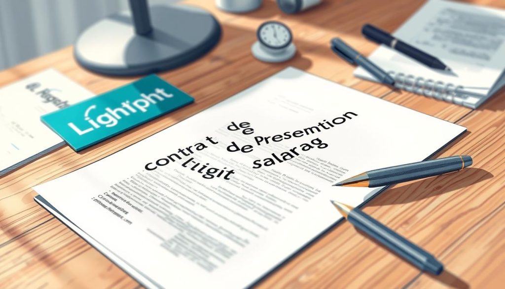 Detailed digital illustration of a business contract titled "contrat de prestation portage salarial" on a wooden desk. The contract is surrounded by a Light Portage logo, a pen, and other office supplies. The lighting is soft and natural, creating a warm and professional atmosphere. The camera angle is slightly elevated, giving a clear view of the contract's contents. The background is blurred, focusing the viewer's attention on the contract and related items. The overall scene conveys the importance and formality of the document, as well as the flexibility and support offered by the Light Portage service.