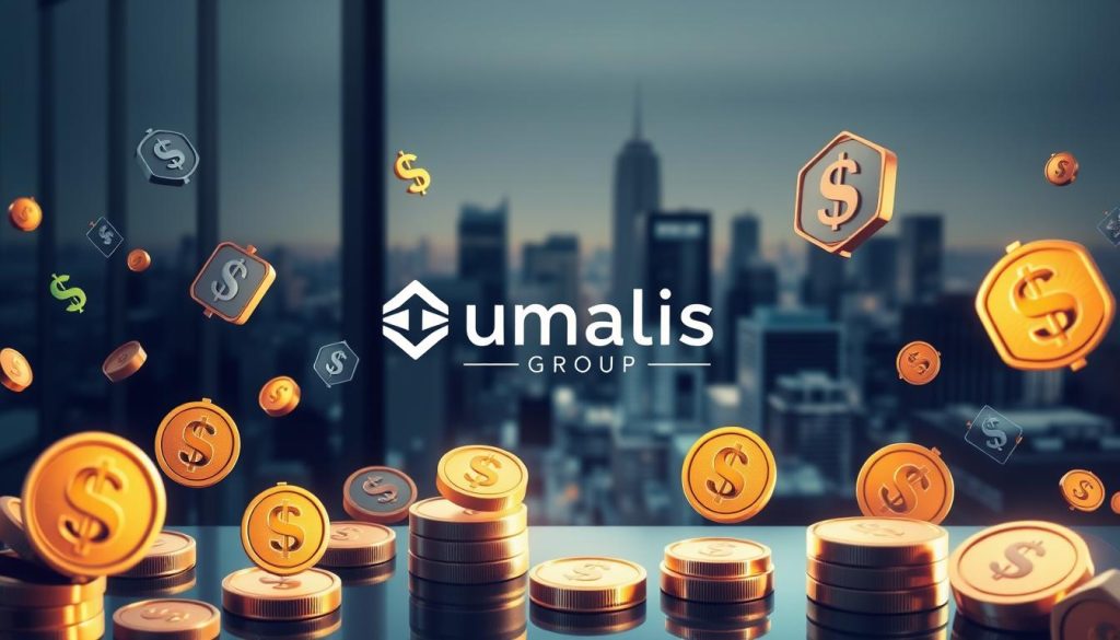 Detailed digital illustration of multiple income streams, set against a sleek and modern background. In the foreground, various currency symbols and financial icons float and intersect, representing diverse revenue sources. The middle ground features a striking Umalis Group logo, stylized with a geometric minimalist design. The background depicts a softly blurred cityscape, hinting at the bustling urban environment in which these freelance opportunities thrive. Lighting is subdued yet dramatic, with a cool color palette that evokes a sense of professionalism and success. The overall composition conveys a harmonious balance between financial security and creative entrepreneurship.