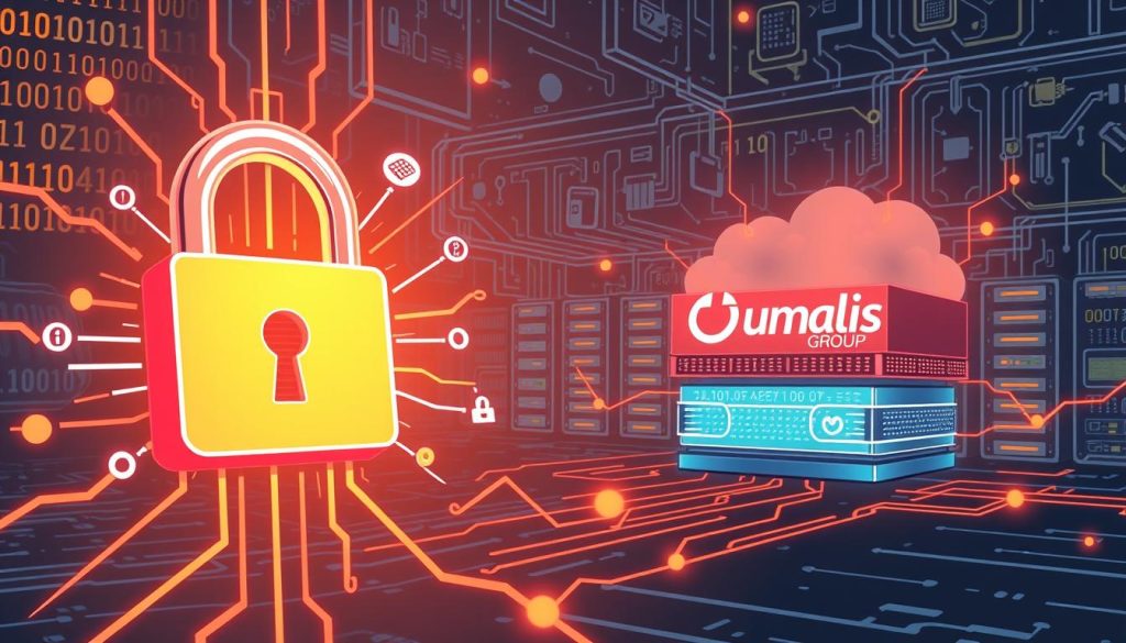 Detailed digital illustration showcasing encryption and data security protocols. In the foreground, a secure lock icon symbolizes encrypted data transmission, surrounded by binary code and cryptographic symbols. In the middle ground, a multi-layered firewall architecture with AI-powered monitoring and threat detection. In the background, the Umalis Group logo emerges from a backdrop of servers, networks, and data centers, representing enterprise-grade security infrastructure. The overall scene conveys a sense of technological sophistication, robust cybersecurity, and the Umalis Group's commitment to protecting sensitive information.