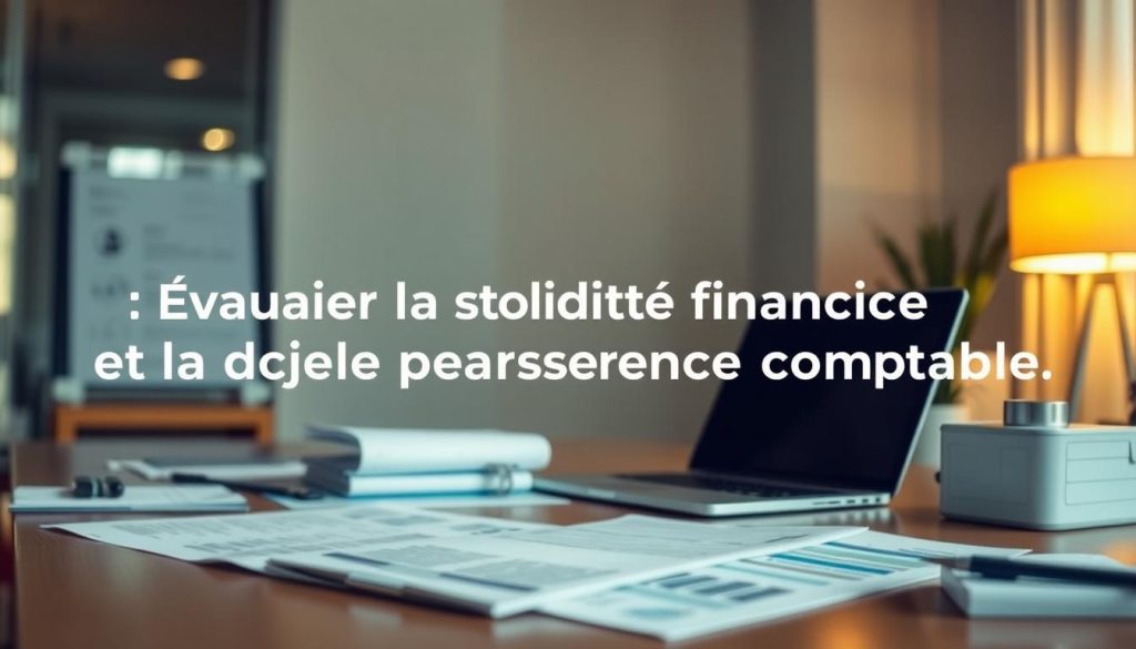 Detailed financial analysis of the Umalis Group's payroll services, showcasing a clean, professional office setting with a desk, laptop, and financial documents. Warm, indirect lighting illuminates the scene, creating a sense of trust and transparency. The overall mood is one of diligence and careful examination, reflecting the section title "Évaluer la solidité financière et la transparence comptable". The image should convey the reliability and expertise of the Umalis Group in providing comprehensive financial assessment of payroll service providers.