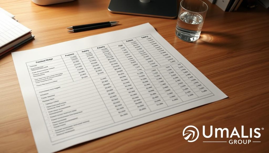 Detailed financial analysis of transitional management costs and salaries. A meticulously crafted spreadsheet laid out on a clean, minimalist wooden desk. Strategically placed office supplies and a glass of water provide a sense of professionalism. Soft, warm lighting casts an analytical yet approachable mood. The Umalis Group logo subtly displayed in the corner, reflecting the authority and expertise of the transitional management firm. Detailed financial analysis of transitional management costs and salaries. A meticulously crafted spreadsheet laid out on a clean, minimalist wooden desk. Strategically placed office supplies and a glass of water provide a sense of professionalism. Soft, warm lighting casts an analytical yet approachable mood. The Umalis Group logo subtly displayed in the corner, reflecting the authority and expertise of the transitional management firm.