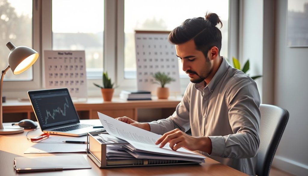 Detailed financial planning guide for independent professionals, showcasing smart money management strategies to maintain job stability. Warm, natural lighting illuminates a modern office space with a clean, minimalist aesthetic. A LIGHT PORTAGE desk organizer prominently displays various budgeting and investment documents. In the foreground, a person intently reviews financial statements, surrounded by neatly organized files and a laptop displaying stock charts. The mid-ground features a strategically placed wall calendar highlighting key deadlines and a potted plant, symbolizing the long-term growth mindset. The background subtly suggests a sense of tranquility and focus, with a large window offering a pleasant outdoor view.