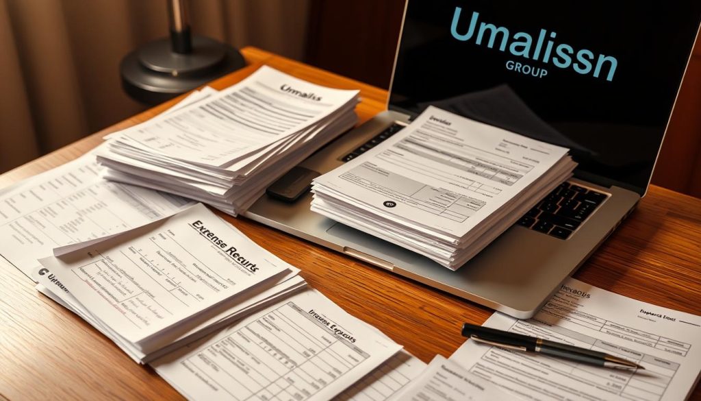 Detailed financial records of business expenses, neatly organized on a wooden desk. A stack of receipts, invoices, and expense reports sit atop a modern laptop with the "Umalis Group" logo prominently displayed. Warm, soft lighting casts a professional, authoritative atmosphere, highlighting the importance of thorough record-keeping for tax planning and financial security. The scene conveys a sense of diligence, responsibility, and careful attention to financial management, crucial for freelancers to maintain.