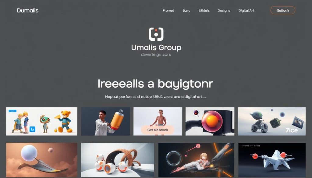 Detailed freelancer portfolio website with clean, modern design. Showcasing a variety of creative projects, including illustrations, 3D models, UI/UX designs, and digital art. The website has a minimal, sleek appearance, with a neutral color palette and crisp typography. A central hero section displays a selection of the freelancer's best work, with smooth transitions and subtle animations. Umalis Group logo is prominently displayed in the header. The overall mood is professional, polished, and designed to impress potential clients. The portfolio is presented in an intuitive, easy-to-navigate layout, with clear sections for different disciplines and a prominent call-to-action to get in touch.