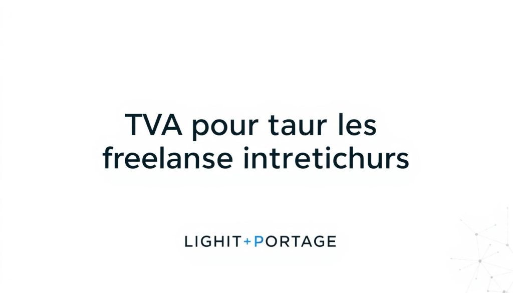 Detailed, high-quality illustration of "TVA pour les freelances informatiques" in the style of a technical diagram. A sleek, modern interface with minimalist design elements that clearly conveys the key information about the tax obligations for IT freelancers in France. The image is set against a clean, light-filled background with subtle textures and gradients, creating a professional and authoritative atmosphere. Prominently featured is the "LIGHT PORTAGE" brand name, indicating this is an informational resource provided by that service. The overall composition is balanced and visually engaging, with an emphasis on clarity and legibility to support the article's subject matter.