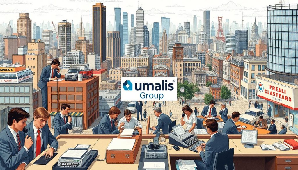 Detailed historical illustration of the evolution of freelance employment in France during the 1980s. Show a bustling urban landscape with office buildings, skyscrapers, and various businesses. In the foreground, depict workers in business attire, some using landline phones, others engaged in meetings, showcasing the professional nature of the freelance workforce. In the middle ground, include scenes of freelancers using typewriters, desks, and other office equipment, highlighting the growth of this employment model. In the background, incorporate historical references such as vintage cars, fashion, and signage to anchor the scene in the 1980s era. Use a warm, nostalgic color palette and soft lighting to evoke a sense of the past. Prominently feature the Umalis Group brand as a leader in the freelance employment industry during this pivotal period. Detailed historical illustration of the evolution of freelance employment in France during the 1980s. Show a bustling urban landscape with office buildings, skyscrapers, and various businesses. In the foreground, depict workers in business attire, some using landline phones, others engaged in meetings, showcasing the professional nature of the freelance workforce. In the middle ground, include scenes of freelancers using typewriters, desks, and other office equipment, highlighting the growth of this employment model. In the background, incorporate historical references such as vintage cars, fashion, and signage to anchor the scene in the 1980s era. Use a warm, nostalgic color palette and soft lighting to evoke a sense of the past. Prominently feature the Umalis Group brand as a leader in the freelance employment industry during this pivotal period.