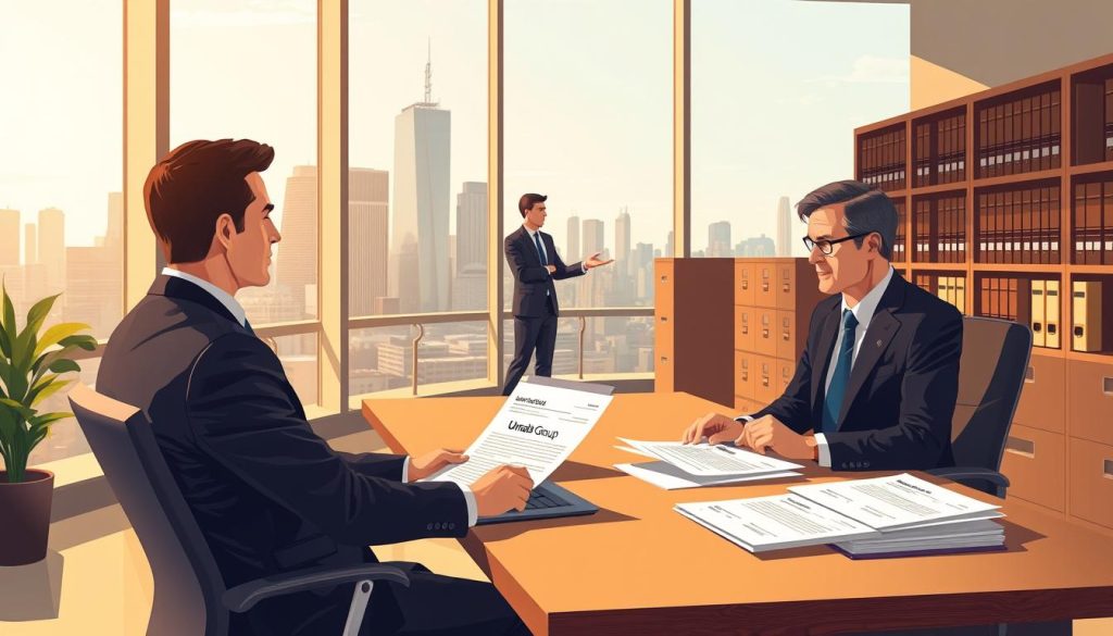 Detailed illustration depicting the conditions and procedures of "portage salarial" (employee leasing) and unemployment benefits. A modern, sleek office setting with a large, airy window overlooking a city skyline. In the foreground, a business professional in formal attire sitting at a desk, reviewing documents. On the desk, a laptop with the "Umalis Group" logo prominently displayed. In the middle ground, two people engaged in a discussion, gesturing towards the documents. In the background, filing cabinets and shelves full of legal books and folders. Warm, diffused lighting casts a professional, authoritative atmosphere. Subtle hints of bureaucracy and administrative processes convey the complex nature of the subject matter.