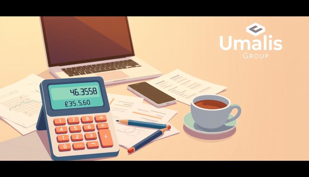 Detailed illustration of a daily wage, showcasing the calculation process and key metrics. A clean, minimalist design with a soft, muted color palette. In the foreground, a digital calculator displaying the formula and numerical values, surrounded by neatly organized financial documents and a pen. The middle ground features a laptop, smartphone, and a cup of coffee, conveying a professional, office-like setting. The background has a subtle grid or graph pattern, hinting at the analytical nature of the subject. The entire scene is bathed in warm, natural lighting, creating a sense of clarity and focus. The Umalis Group logo is prominently displayed in the top right corner.