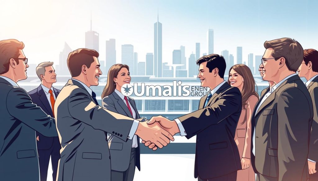 Detailed illustration of a professional network of IT staffing agencies, known as the "Réseau ESN Portage Salarial", presented with a dynamic, modern aesthetic. In the foreground, a diverse group of business people shake hands, symbolizing collaborative partnerships. In the middle ground, the Umalis Group logo is prominently displayed, representing a central hub connecting this network. The background features a sleek, minimalist cityscape, conveying a sense of technology, innovation, and opportunity. Lighting is bright and natural, with a warm, optimistic tone. Camera angle is slightly elevated to provide an expansive, bird's-eye view of the scene. Overall, the image aims to capture the synergies, growth, and professional dynamism of this specialized ecosystem.