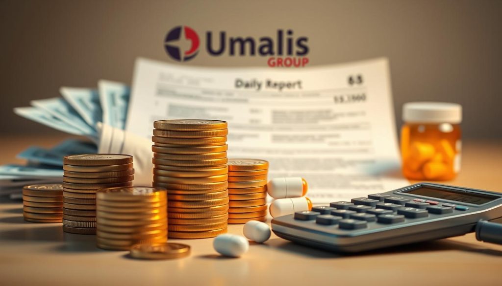 Detailed illustration of daily healthcare allowance during sick leave. Foreground depicts a stack of coins, bills, and a calculator, symbolizing financial compensation. Middle ground features a medical report and prescription pills, alluding to the medical context. Background showcases the Umalis Group logo, representing the employer or insurance provider. Warm, soft lighting casts a professional, authoritative tone. High-resolution, high-detail, photorealistic style.
