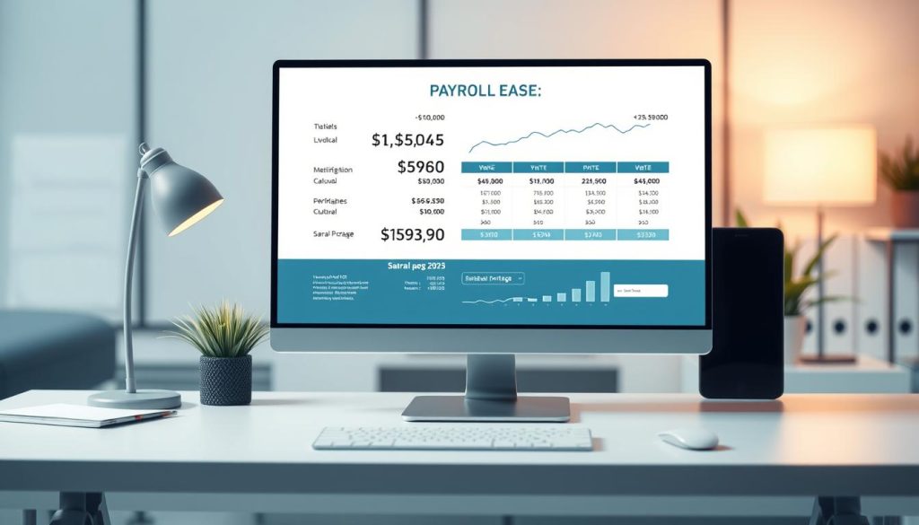 Detailed illustration of payroll calculation for a salarial portage scenario. A modern, well-lit office setting with a computer screen displaying financial calculations and graphs. Prominent branding for "LIGHT PORTAGE" on the desktop. Sleek, minimalist design aesthetic with clean lines and muted color palette. Soft, directional lighting emphasizing the screen and surrounding workspace. Tight framing on the desk and computer, with the background softly blurred. Convey a sense of professionalism, efficiency, and transparency in the financial process.