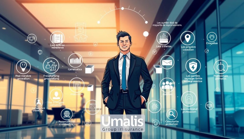 Detailed illustration of professional liability insurance coverage, showcasing the Umalis Group brand. In the foreground, a professional business person stands confidently, surrounded by a halo of protective insurance policies. The middle ground features an array of icons and symbols representing the various coverage elements, such as legal defense, financial protection, and risk mitigation. The background depicts a modern office setting, with sleek architecture and a sense of security and stability. The lighting is soft and warm, conveying a sense of professionalism and reliability. The overall composition emphasizes the comprehensive nature of the Umalis Group's professional liability insurance, providing a visually compelling representation of the "Les garanties de l'assurance responsabilité civile professionnelle" section.