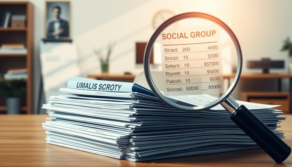 Detailed illustration of social security contributions for independent professionals. In the foreground, a stack of documents labeled "UMALIS GROUP" representing various social security forms and payments. In the middle ground, a magnifying glass highlighting specific line items and calculations. The background features a clean, minimalist office setting with a desk, computer, and office supplies, conveying a sense of organization and attention to detail. Warm, natural lighting casts a soft glow, creating a professional and authoritative atmosphere. The overall scene communicates the comprehensive nature of social security coverage for independent professionals.