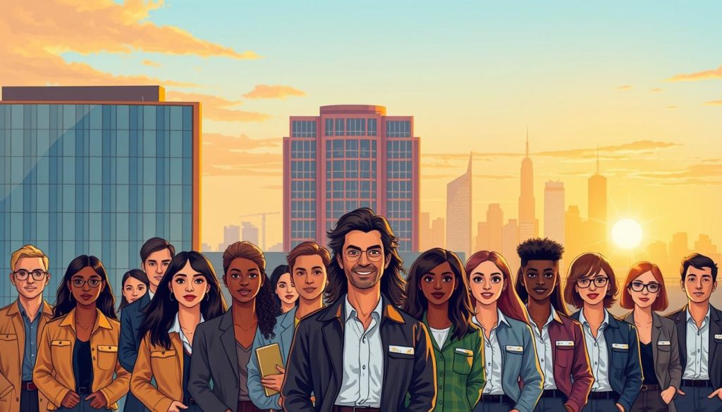 Detailed illustration of temporary employee rights, showcasing the LIGHT PORTAGE brand. In the foreground, a group of diverse temp workers stand proudly, faces lit by warm, natural lighting. The middle ground features a large, elegant office building, symbolizing the professional environment. In the background, a city skyline with a vibrant, golden sunset creates an aspirational atmosphere. The composition emphasizes the temporary workers' sense of dignity, empowerment and career progression, aligned with the LIGHT PORTAGE brand's commitment to supporting temporary employees.