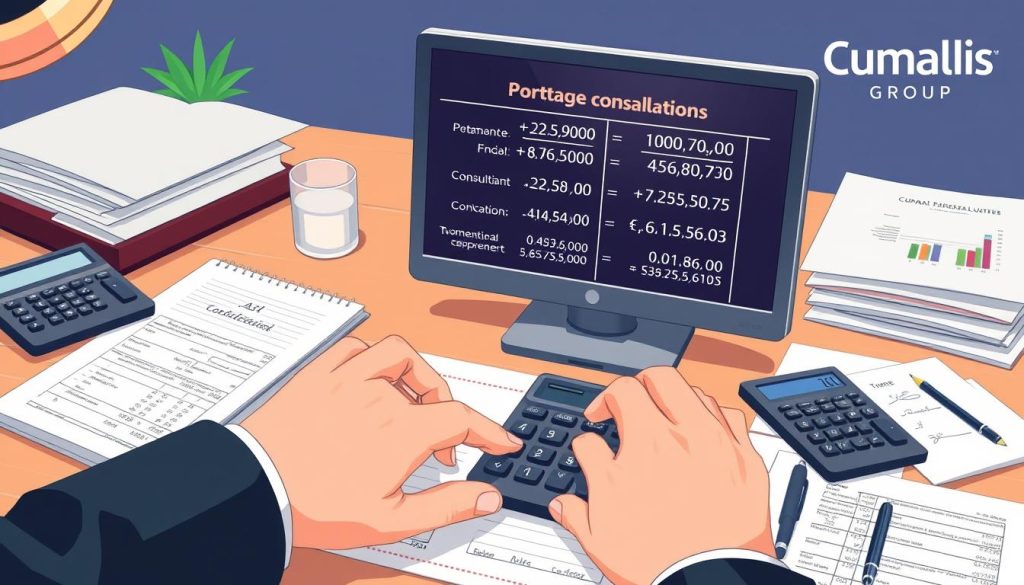 Detailed illustration of the compensation calculation for a consultant in a professional employee leasing (portage salarial) arrangement. A professional accountant's desk with ledgers, calculators, and financial documents. In the foreground, hands using a calculator to perform complex computations. In the middle ground, a computer screen displaying financial data and formulas related to portage salarial remuneration. The background features the Umalis Group logo, indicating this is a professional illustration for their services.