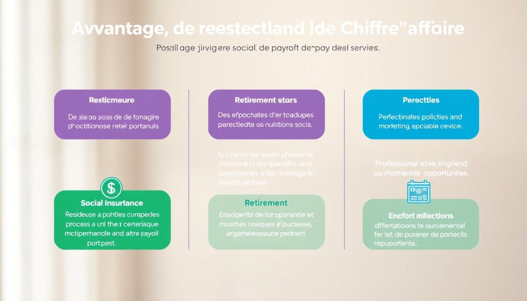 Detailed illustration of the social protection advantages of the Umalis Group's payroll portage service. Crisp, clean, and visually appealing image showcasing key benefits such as health insurance, retirement plans, and professional development opportunities. Set against a soft, blurred background with muted tones to draw the eye to the central elements. Vibrant colors, sharp focus, and careful composition to create an informative yet aesthetically pleasing visual representation of the "Avantages de Respecter le Plafond de Chiffre d'Affaires" section.