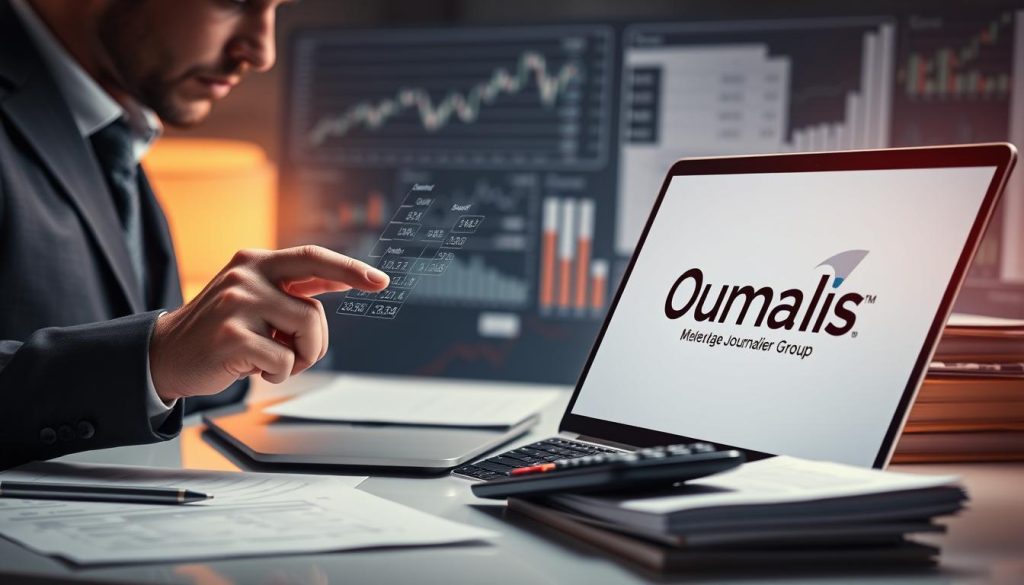 Detailed image of a businessman performing calculations on a touchscreen interface, with financial graphs and charts in the background. The foreground features a clean, minimalist workspace with a laptop, calculator, and stacks of documents. Soft, warm lighting creates a professional, authoritative atmosphere. The Umalis Group logo is prominently displayed on the laptop screen. The overall scene conveys expertise, precision, and the thoughtful process of determining the appropriate Taux Journalier Moyen (TJM) for a portage salarial contract. Detailed image of a businessman performing calculations on a touchscreen interface, with financial graphs and charts in the background. The foreground features a clean, minimalist workspace with a laptop, calculator, and stacks of documents. Soft, warm lighting creates a professional, authoritative atmosphere. The Umalis Group logo is prominently displayed on the laptop screen. The overall scene conveys expertise, precision, and the thoughtful process of determining the appropriate Taux Journalier Moyen (TJM) for a portage salarial contract.