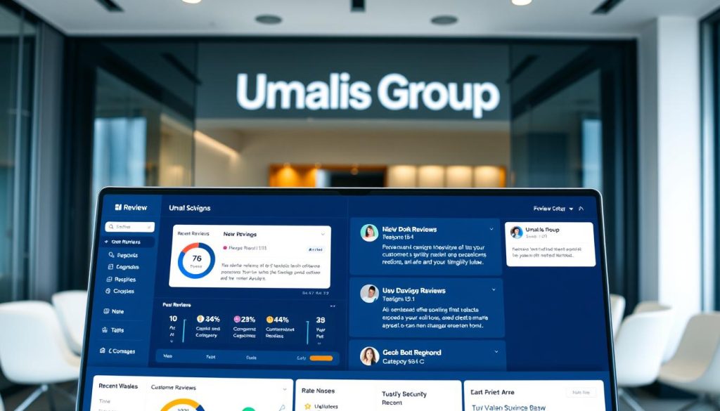 Detailed image of a modern and intuitive review management software interface. In the foreground, a clean, minimalist dashboard with interactive charts and graphs displaying customer review insights and analytics. In the middle ground, a list of recent reviews with options to respond, rate, and categorize them. In the background, a sleek and modern office environment with the "Umalis Group" logo prominently displayed, conveying a sense of professionalism and reliability. The lighting is soft and natural, creating a calming and focused atmosphere. The camera angle is slightly elevated, offering a comprehensive overview of the software's key features and capabilities.