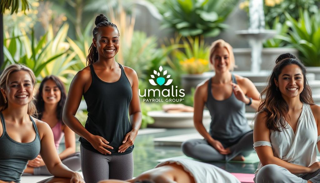 Detailed image of the advantages of payroll portage for well-being professionals, showcasing the Umalis Group brand. Set in a serene, nature-inspired environment, the foreground features a group of diverse health and wellness practitioners - yoga instructors, massage therapists, nutritionists - working seamlessly together, their faces radiating contentment and confidence. In the middle ground, an Umalis Group logo is prominently displayed, conveying trust and security. The background depicts lush greenery, soothing water features, and warm, natural lighting, creating a calming, rejuvenating atmosphere. The overall composition emphasizes the flexibility, freedom, and well-being that payroll portage can provide for these professionals.