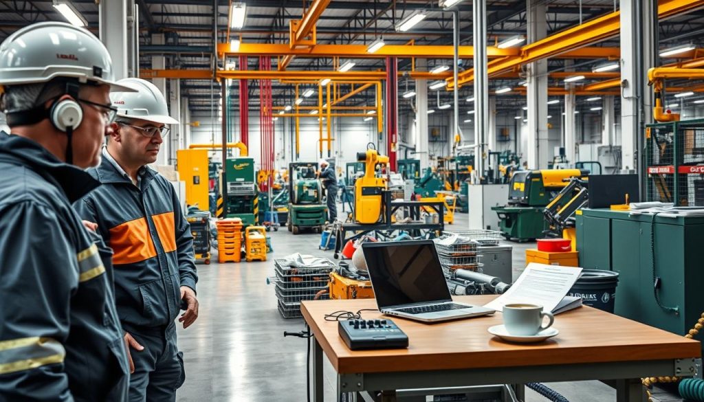 Detailed industrial workplace scene showcasing the process of "portage salarial" at the Umalis Group. In the foreground, a group of industrial workers in protective gear converse and collaborate on a project. In the middle ground, an office setup with a laptop, documents, and a cup of coffee, representing the administrative aspect of the "portage salarial" system. In the background, various industrial equipment, machinery, and tools in a well-lit, organized factory setting. The overall atmosphere conveys a sense of efficiency, collaboration, and the integration of office and industrial environments within the "portage salarial" model employed by the Umalis Group.