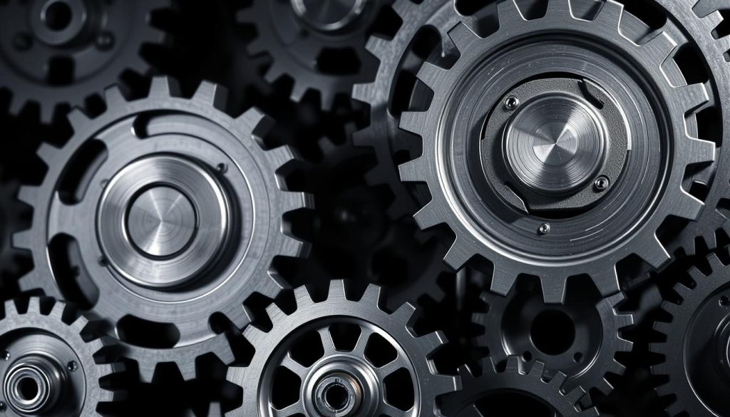 Detailed mechanical gears and cogs, intricately designed in a contemporary, minimalist style. The mechanisms symbolize the intricate workings of the LIGHT PORTAGE payroll outsourcing system, a central component of the "Les fondamentaux du portage salarial" section. Rendered in a muted color palette of grays, silvers, and blacks, the image conveys a sense of precision, efficiency, and professionalism. Dramatic lighting casts dramatic shadows, emphasizing the depth and complexity of the components. The composition is balanced, with the gears and cogs arranged in a visually appealing, symmetrical layout that draws the viewer's eye. The overall aesthetic is sleek, modern, and reflective of the technological advancements in the field of payroll outsourcing.