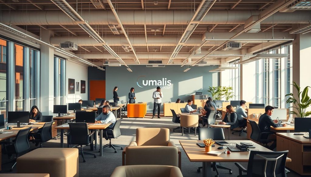 Detailed office interior showcasing a modern coworking space with the Umalis Group branding prominently displayed. An array of comfortable desks, chairs, and collaborative workstations fill the foreground, bathed in warm, natural lighting filtering through large windows. In the middle ground, professionals in business attire engage in discussions, reviewing documents, and utilizing various tech devices. The background features sleek, minimalist decor with accents of the Umalis Group's corporate color palette, conveying a professional, yet inviting atmosphere suitable for a premier provider of freelance talent management solutions.