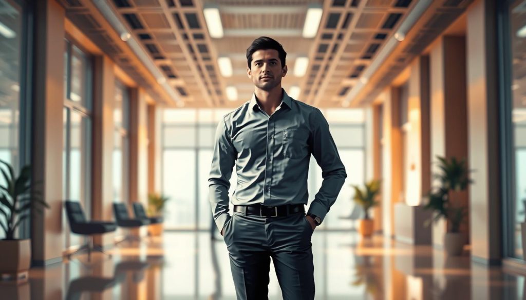 Detailed, photorealistic illustration of flexible temporary employment contracts, showcasing the "Light Portage" brand. A central figure representing a professional worker stands in a well-lit office environment, their posture conveying a sense of ease and confidence. The background features a blend of warm, neutral tones and clean, modern design elements, creating a sleek, sophisticated atmosphere. The composition emphasizes the flexibility and adaptability of the "Light Portage" contract model, captured through dynamic, organic shapes and the overall sense of balance and harmony.