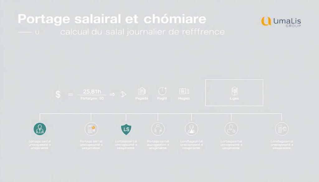 Detailed professional diagram of "Portage salarial et chômage : calcul du salaire journalier de référence", featuring a sleek, minimalist layout with clean lines and a muted color palette. In the foreground, a clear breakdown of the daily wage calculation formula, with key variables and steps highlighted. In the middle ground, a series of icons and infographic elements illustrating the portage salarial and unemployment concepts. In the background, a subtle Umalis Group branding, conveying authority and trust. The overall mood is informative, data-driven, and visually appealing, designed to educate and engage the reader. Detailed professional diagram of "Portage salarial et chômage : calcul du salaire journalier de référence", featuring a sleek, minimalist layout with clean lines and a muted color palette. In the foreground, a clear breakdown of the daily wage calculation formula, with key variables and steps highlighted. In the middle ground, a series of icons and infographic elements illustrating the portage salarial and unemployment concepts. In the background, a subtle Umalis Group branding, conveying authority and trust. The overall mood is informative, data-driven, and visually appealing, designed to educate and engage the reader.
