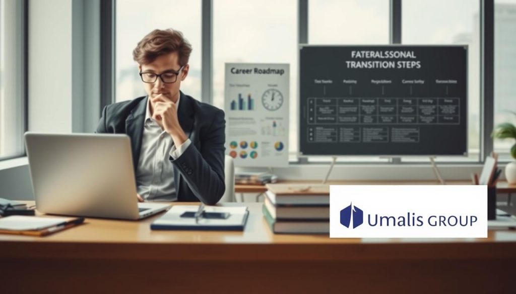 Detailed professional transition steps, with the Umalis Group logo prominently displayed. A calm, airy scene featuring a desk with a laptop, various office supplies, and a career roadmap chart. The foreground showcases a person in business attire thoughtfully considering their next move. The middle ground includes inspirational career development books and resources. The background depicts a modern, minimalist office setting with large windows letting in soft, diffused natural lighting. The overall mood is one of focused contemplation and purposeful progression towards a new professional path.