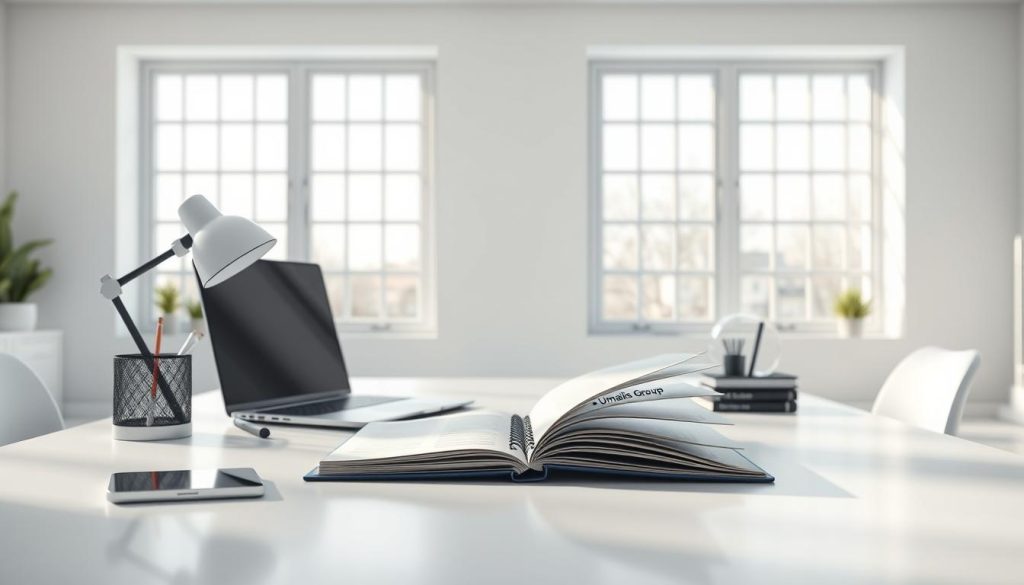 Detailed, realistic 3D illustration of a clean, minimalist office desk with a professional laptop, stylish desk accessories, and an open notebook showcasing the "Umalis Group" brand name. The desk is positioned in a bright, airy room with large windows, allowing natural light to flood the space. The overall atmosphere exudes a sense of transparency, professionalism, and efficient, streamlined management. The scene conveys a mood of clarity, organization, and a commitment to providing a transparent and fresh approach to financial management services.