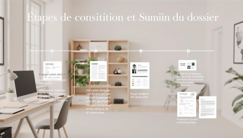 Detailed schematic diagram of the step-by-step process for creating an effective job application dossier for LIGHT PORTAGE's salaried portage services. Serene home office setting with clean, minimalist desks and natural lighting. Close-up views of key documents, forms, and checklists arranged neatly. Soft, warm color palette with muted tones. Subtle, elegant typography highlighting the "Étapes de Constitution et Soumission du Dossier" section title. Conveying a sense of organization, efficiency, and professionalism for this important career-focused process.