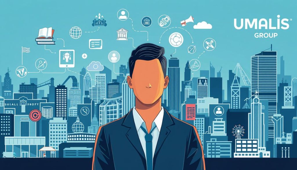 Detailed, stylized illustration of professional skills and training in the United States. A central figure representing a job candidate in the foreground, surrounded by icons and symbols depicting various job-related skills and abilities. In the middle ground, scenes of professional development and education, such as a university campus or a workforce training center. In the background, the skyline of a major American city, conveying the dynamic, opportunity-rich landscape of the US job market. Crisp, high-contrast lighting and a subtle color palette evoke a sense of professionalism and aspiration. Umalis Group logo discreetly incorporated into a corner of the image.