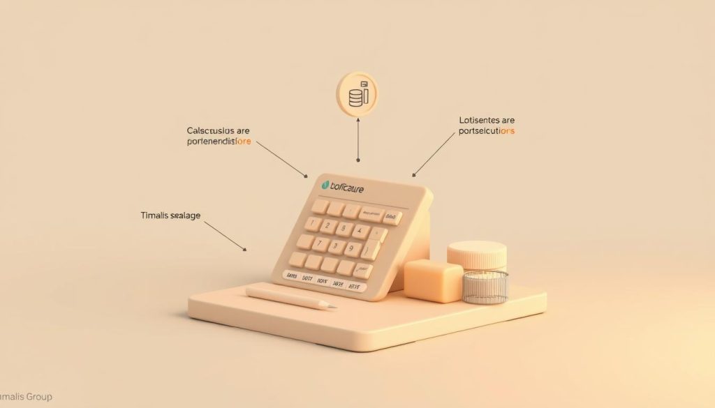 Detailed technical illustration of "calcul des cotisations sociales portage" for an article on "Portage Salarial et Cotisations Sociales : Ce Qu'il Faut Savoir." Crisp, high-resolution 3D render showing the key components and calculations involved in social security contributions for portage salarial, with a clean, professional aesthetic. Warm, neutral lighting, flat perspective, and muted color palette. Prominently feature the Umalis Group brand.