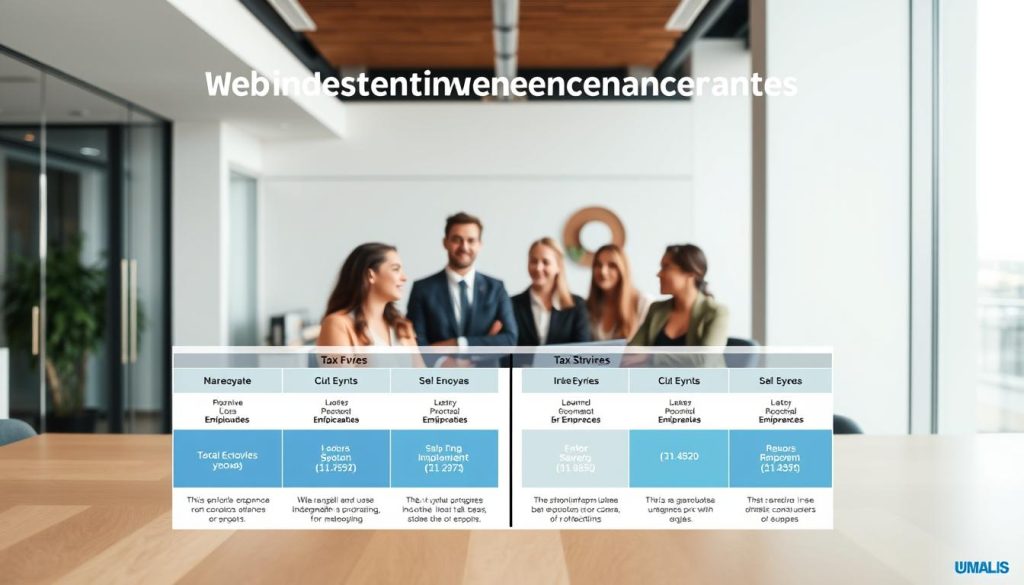 Detailed visual comparison of independent employment statuses, showcasing the fiscal differences between them. In the foreground, a sleek infographic contrasting the tax implications of various self-employment options, with clear data visualizations and icons. The middle ground features a group of diverse professionals, each represented by the Umalis Group brand, engaged in thoughtful discussion. The background sets a professional, corporate atmosphere with modern office interiors and subtle brand elements. Lighting is clean and natural, with a slightly muted color palette to emphasize the informative nature of the scene. The overall mood is one of analytical clarity, helping independent workers understand the nuanced fiscal landscape.