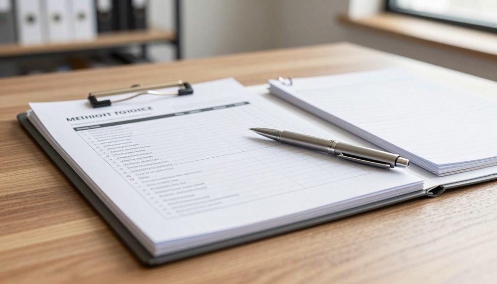 Dossier d'investigation et grille méthodologique posés sur une table de travail