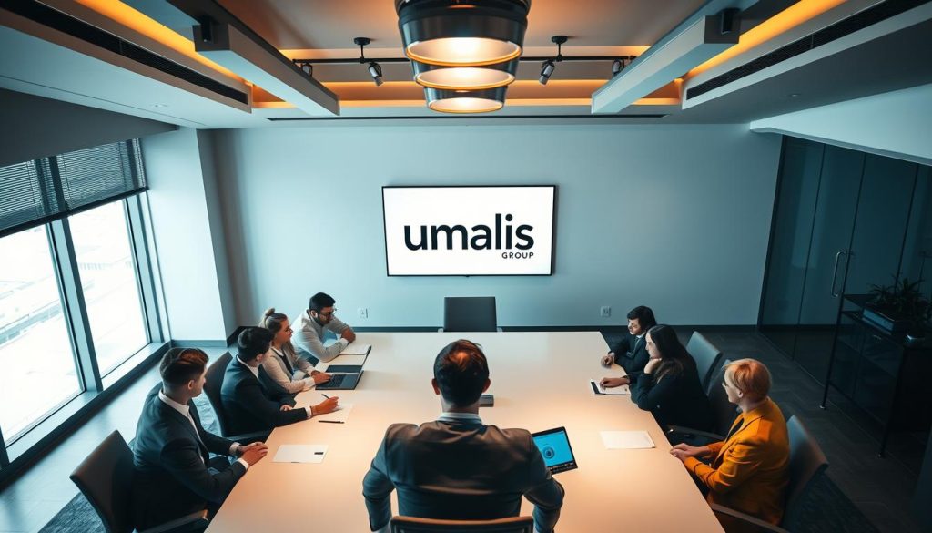 Dramatic overhead shot of a strategic project management meeting room. The Umalis Group logo prominently displayed on the wall behind a large conference table, around which sit a diverse team of professionals deeply engaged in discussion. Warm, focused lighting illuminates their faces, conveying a sense of focused intensity. The room is adorned with sleek, modern furniture and floor-to-ceiling windows, providing a sense of sophistication and gravitas. Subtle hues of blue and grey create a calm, contemplative atmosphere, reflecting the gravity of the "Foundations of Project Management" agenda.
