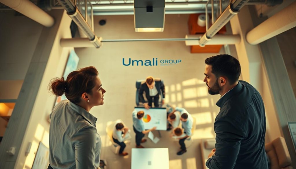 Dramatic overhead shot of a vibrant Umalis Group office, where a team of professionals engage in dynamic coaching and leadership activities. Warm, natural lighting illuminates the space, revealing a modern, open-concept layout with sleek, minimalist furnishings. In the foreground, two colleagues lean in, deep in discussion, their expressions thoughtful and engaged. In the middle ground, a group gathers around a large, interactive whiteboard, planning and strategizing. In the background, the Umalis Group logo is prominently displayed, signifying the company's commitment to fostering exceptional leadership and professional development.