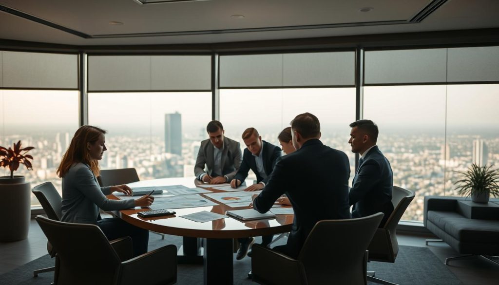 Dramatic strategic planning scene in the offices of Umalis Group. A team of executives gathered around a large conference table, studying charts and documents intently. Warm lighting casts shadows on their faces, reflecting the gravity of their discussion. Sleek, modern furnishings suggest a professional, forward-thinking atmosphere. A large window in the background overlooks a vibrant cityscape, hinting at the impact of their decisions. The team's body language conveys a sense of collaborative focus, as they work to chart the company's strategic course. An air of determination permeates the room, setting the stage for a critical moment in Umalis Group's history.