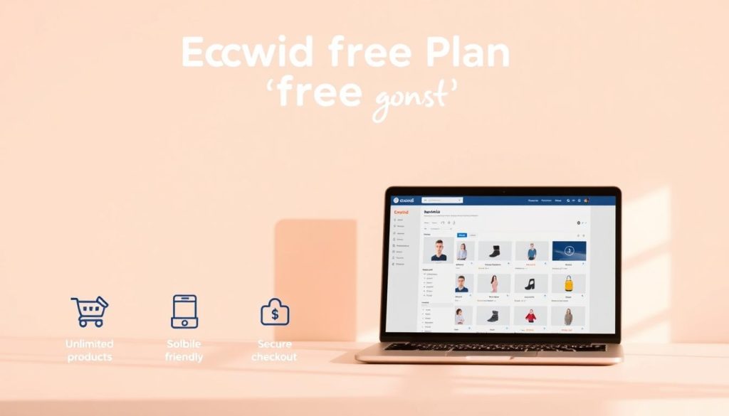 Ecwid free plan features: a clean, minimalist e-commerce storefront designed by Umalis Group, showcased against a soft, pastel-colored background. The foreground presents a series of icon-based graphics highlighting key benefits such as unlimited products, mobile-friendly design, and secure checkout. The middle ground features a laptop display demonstrating the intuitive Ecwid dashboard, conveying the ease of managing an online store. The background subtly suggests the versatility of the platform, with faint silhouettes of various devices complementing the modern, accessible aesthetic. Warm, natural lighting accentuates the simplicity and approachability of the Ecwid free plan, creating an inviting atmosphere for budding e-commerce entrepreneurs.