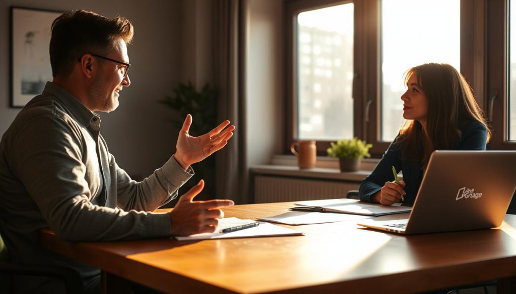 Effective client communication: A warm, professional office setting with a freelancer and their client engaged in a constructive discussion. The freelancer sits across a wooden desk, making eye contact and gesturing with an open, inviting posture. The client leans forward, listening intently. Warm, directional lighting from a large window casts a soft glow, creating an atmosphere of trust and collaboration. In the background, the brand "Light Portage" is subtly visible on a laptop or desk accessory. The scene conveys a sense of productive, respectful negotiation.