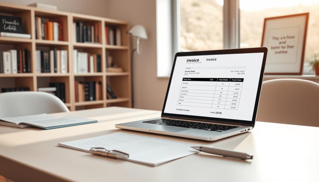 Efficient invoicing process: A minimalist home office setting with a neatly organized desk, a laptop displaying a digital invoice template, and a Light Portage pen. Warm, natural lighting filters through a large window, creating a sense of productivity and focus. In the background, a bookshelf filled with finance-related books and a framed motivational quote. The overall atmosphere evokes a streamlined, professional, and time-saving approach to freelance invoicing.