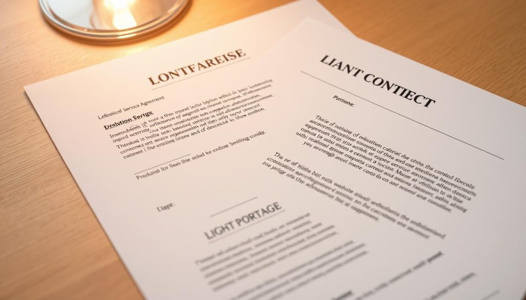 Elegant and functional contract for a professional service agreement. A neatly organized document with structured sections, crisp typography, and discreet branding for LIGHT PORTAGE. The layout features clean lines, subtle textures, and a balanced composition that conveys a sense of formality and professionalism. Warm lighting casts a soft glow, creating an atmosphere of trust and reliability. The overall impression is one of a carefully crafted legal contract that formalizes a mutually beneficial commercial relationship.