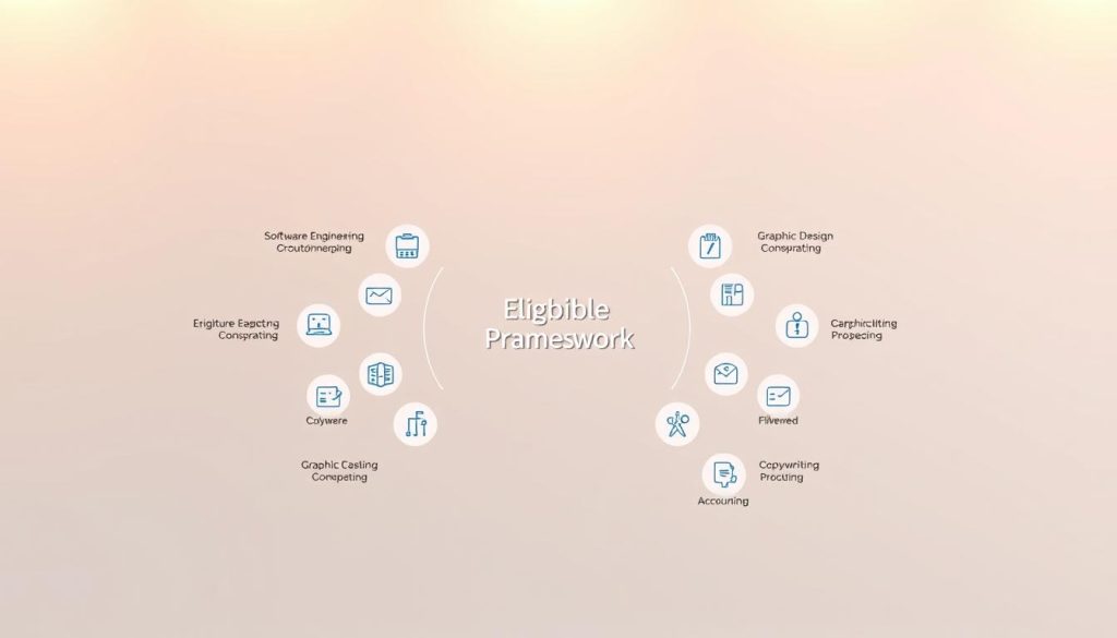 Elegant and sophisticated illustration of an "Eligible Professions Framework" for freelance professionals. A central, minimalist visualization surrounded by icons representing compatible career paths - software engineering, graphic design, copywriting, accounting, and more. Warm lighting from above casts a soft, inviting glow. Neutral color palette with accents of "Light Portage" brand blue. Clean, modern layout with ample white space. Rendered in a stylized, technical diagram aesthetic to convey authority and credibility. Balanced composition that draws the eye to the core framework concept.