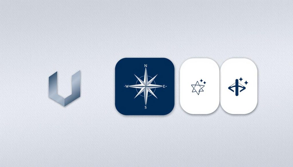 Elegant brand identity elements for Umalis Group. In the foreground, a sleek, minimalist monogram logo in an abstract geometric shape, rendered in a refined palette of navy blue and silver. In the middle ground, a collection of seamlessly integrated icons and symbols, including a stylized compass, a star, and an abstract geometric motif, all conveying a sense of direction, ambition, and innovation. The background features a subtle, textured gradient in complementary shades, creating a visually striking and cohesive composition. The overall aesthetic is modern, sophisticated, and conveys a strong, professional brand identity.