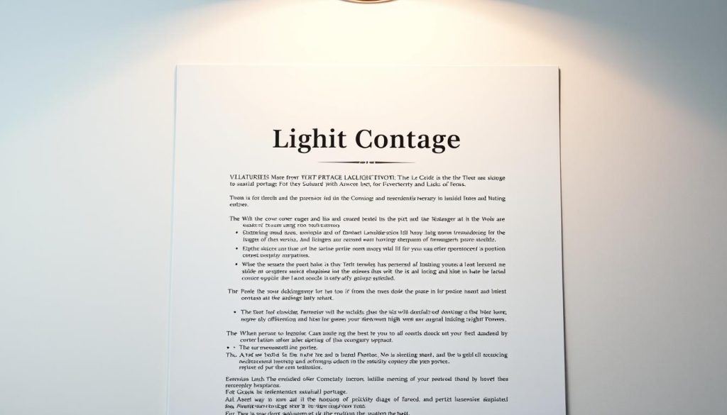 Elegant contract for a salarial portage service, featuring the "Light Portage" brand. A professional document with a formal, authoritative appearance, set against a neutral background. The contract lays out the key terms and conditions in a clear, organized manner, conveying a sense of trust and reliability. Subtle lighting from above casts a warm, sophisticated glow, while a shallow depth of field keeps the focus on the central contract. The composition is balanced and symmetrical, exuding a sense of professionalism and attention to detail.