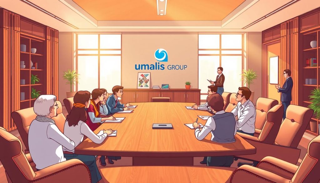 Elegant office interior with a large wooden conference table surrounded by plush leather chairs. Sunlight streams through large windows, casting a warm glow on the scene. In the foreground, a focus group discussion is taking place, with participants engaged in animated conversation. In the middle ground, a team of researchers are administering surveys and taking notes. In the background, a pair of interviewers are deep in discussion with a subject. The Umalis Group logo is prominently displayed on the wall behind the table. Elegant office interior with a large wooden conference table surrounded by plush leather chairs. Sunlight streams through large windows, casting a warm glow on the scene. In the foreground, a focus group discussion is taking place, with participants engaged in animated conversation. In the middle ground, a team of researchers are administering surveys and taking notes. In the background, a pair of interviewers are deep in discussion with a subject. The Umalis Group logo is prominently displayed on the wall behind the table.