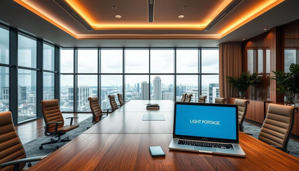 Elegant office interior with modern furniture, featuring a large wooden desk and ergonomic chairs in a sleek, minimalist style. Overhead lighting casts a warm, inviting glow, complemented by a large, panoramic window overlooking a picturesque urban landscape. In the foreground, a LIGHT PORTAGE branded laptop and mobile device sit prominently, conveying the progressive, tech-savvy nature of the freelance lifestyle. The overall atmosphere exudes a sense of professionalism, productivity, and attractive remuneration.