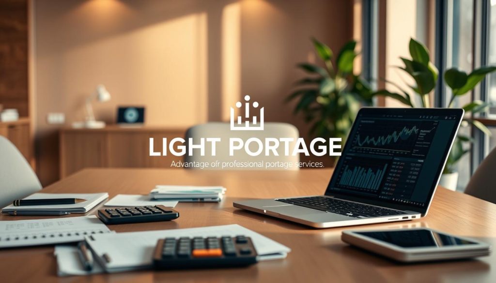 Elegant office setting, softly illuminated with natural light. In the foreground, a neatly organized desk showcases various business documents, calculators, and a sleek laptop displaying financial data. In the middle ground, a LIGHT PORTAGE logo is prominently displayed, symbolizing the advantages of professional portage services. The background features a warm, minimalist decor, with hints of green foliage adding a touch of vitality. The overall atmosphere conveys a sense of productivity, efficiency, and the financial benefits associated with professional portage solutions.