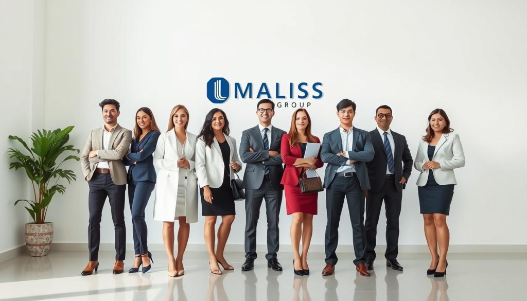 Elegant professionals in diverse roles, showcased in a modern, minimalist setting. The scene depicts a group of well-dressed individuals, each representing a distinct career path suitable for salarial portage, captured through a soft, directional lighting that emphasizes their confident poses. In the background, the UMALIS GROUP logo stands as a symbol of the comprehensive salarial portage solutions they provide. The overall composition conveys a sense of professionalism, opportunity, and the versatility of salarial portage as a viable employment model.
